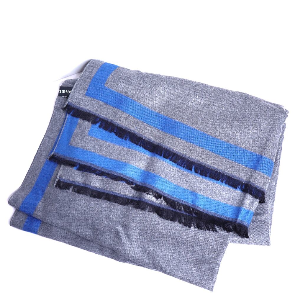 100% Cashmere Fringe Scarf Heathered Gray Blue Unisex